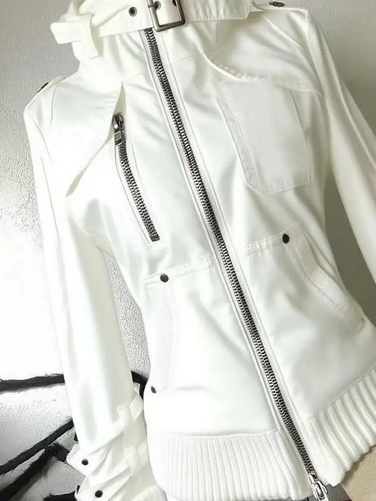 Veste Blanche À Col Montant Streetwear Zip Fermeture Zippée Polyester Non Tissé Pour Printemps Été Moderne by LSDLBoutique