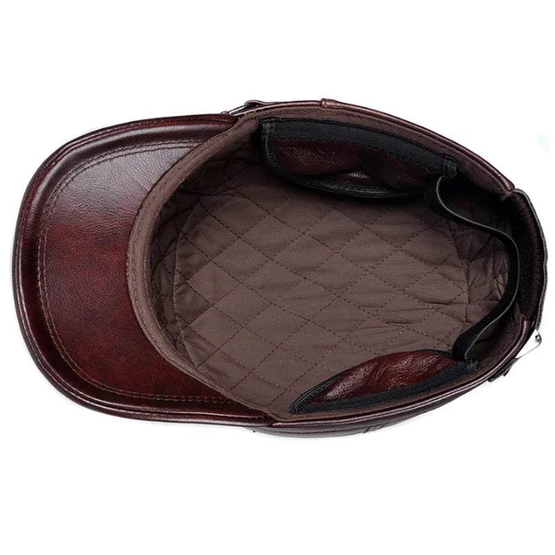 LKSORL Casquette Hiver Cuir Véritable Marron Militaire