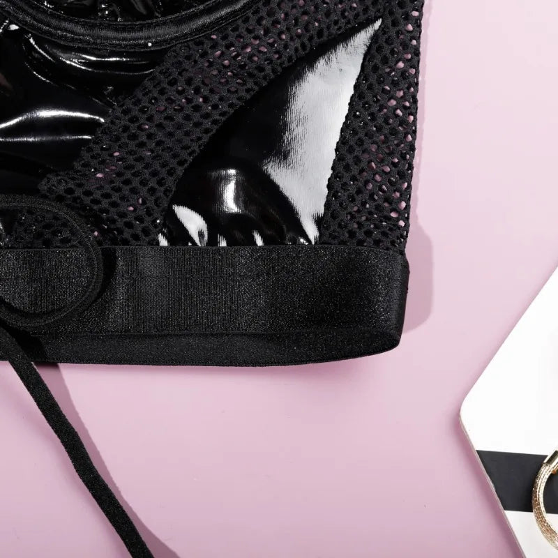 Tornova Lingerie Bustier Et Culotte Noire Patchwork PU Lacets Maille