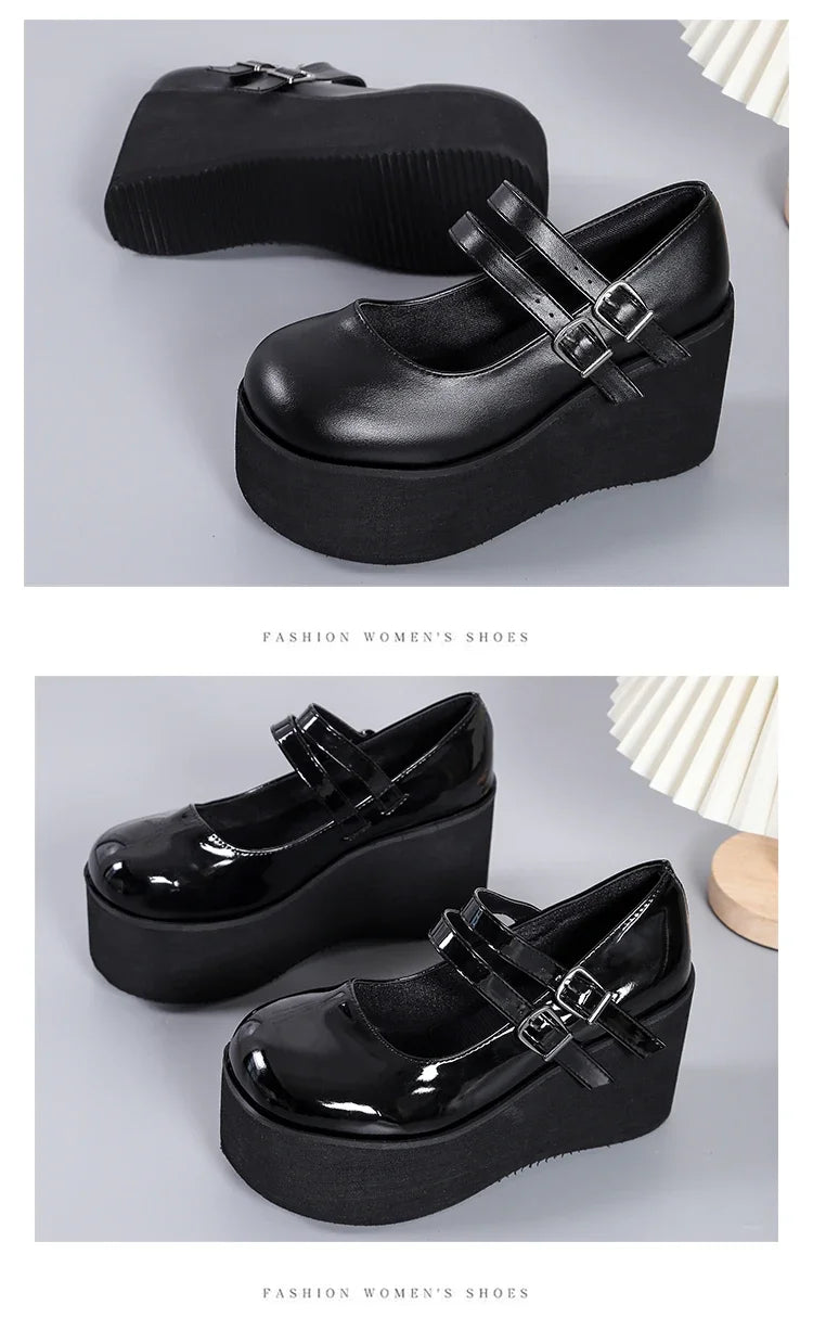 Escarpins Mary Jane Noir Verni À Plateforme Et Talon Compensé