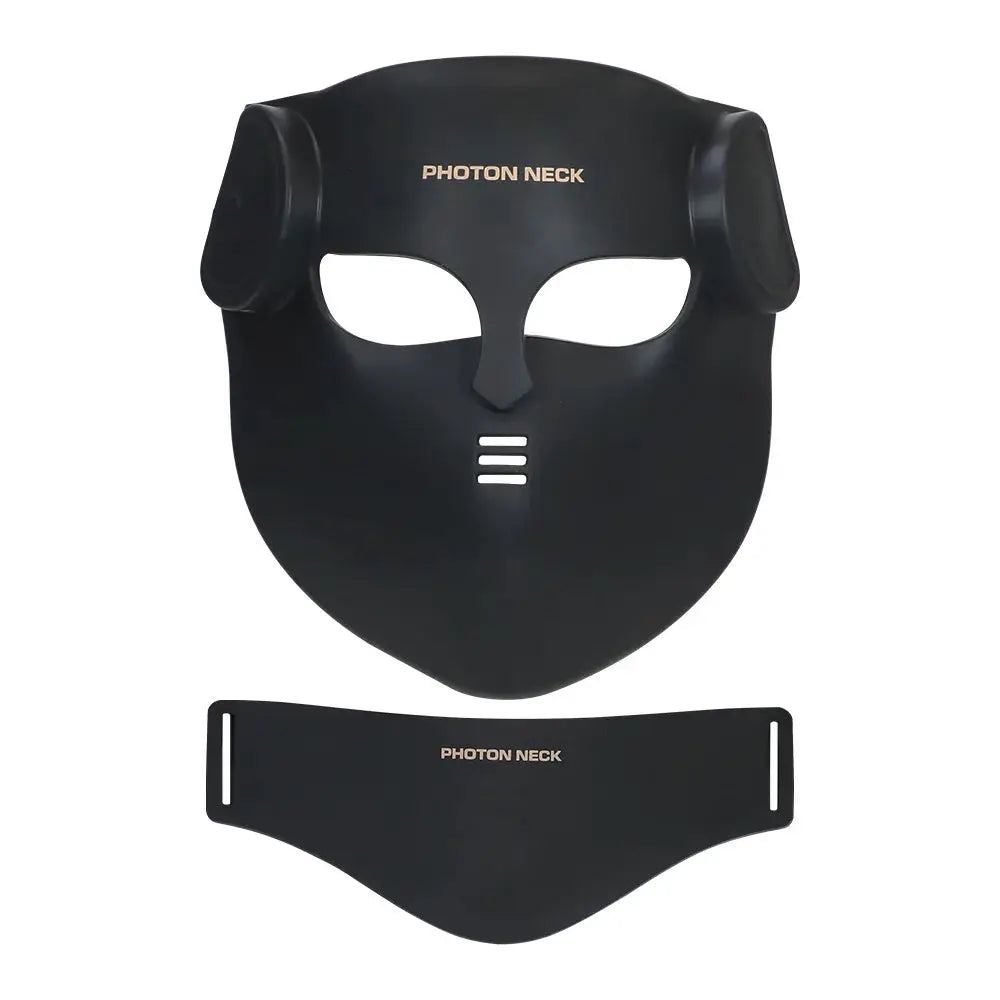 Masque LED noir pour visage et cou avec bande de cou; logo Photon Neck, thérapie lumineuse