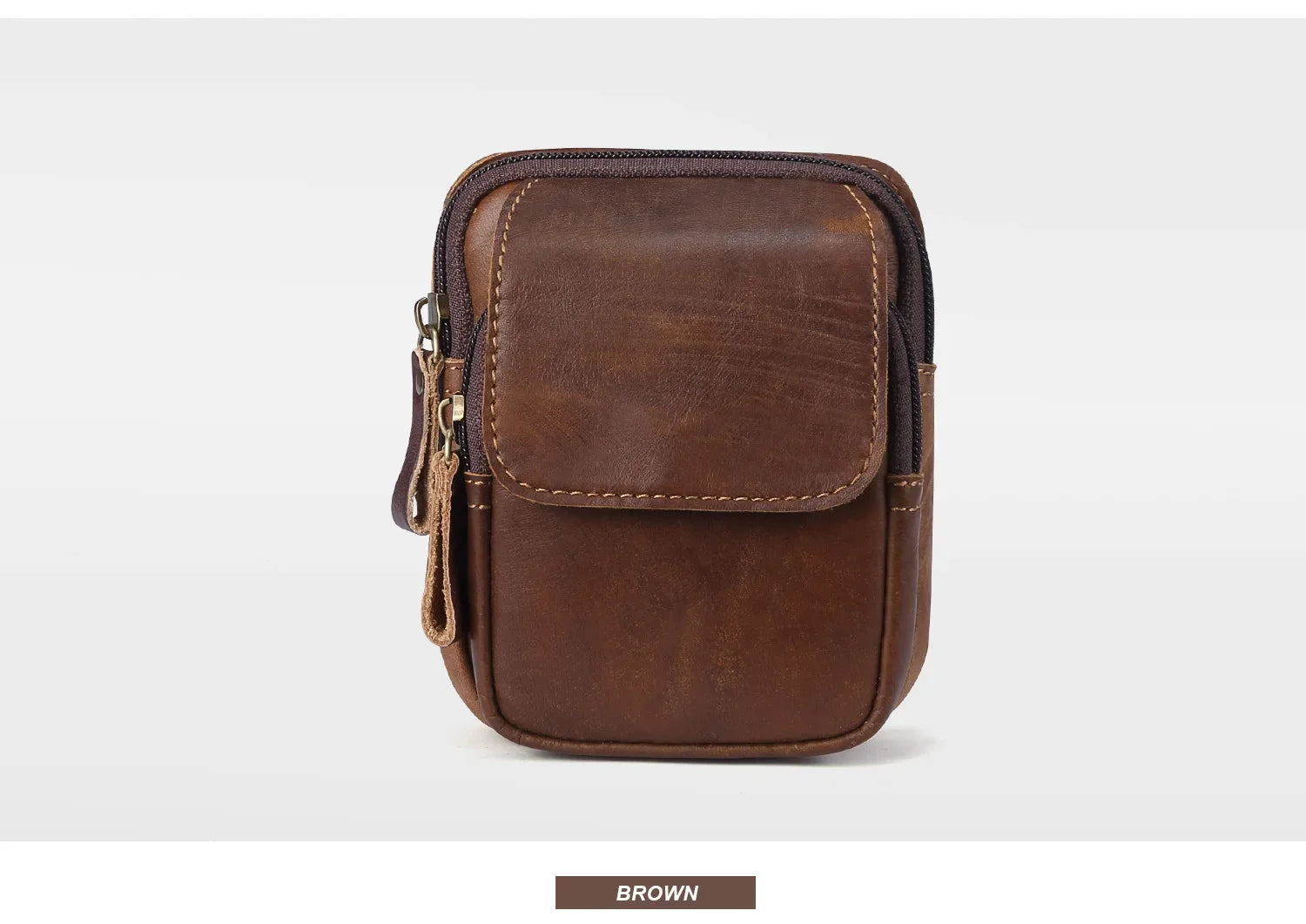 Sac de Taille en Cuir Brun avec Deux Compartiments et Fermeture Éclair