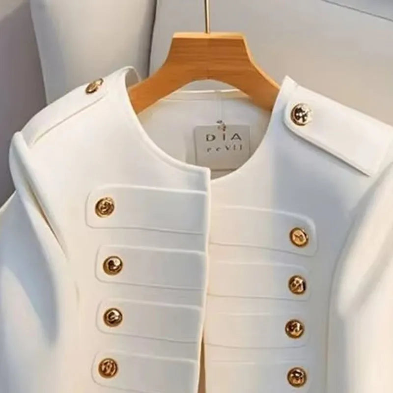 LBP Baiping Veste Femme Court Blanc Boutons Dorés Double Rangée