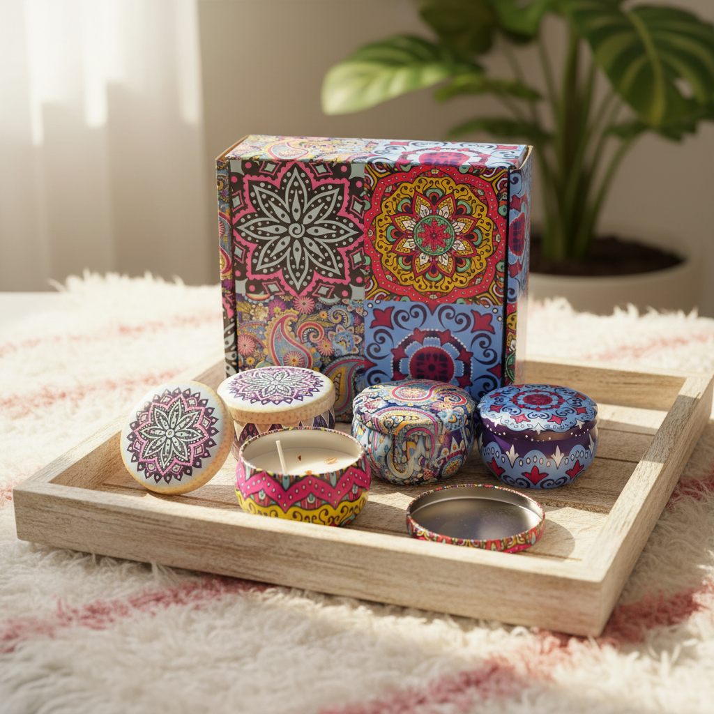 Set of 4 Scented Candles (4 scents), Stress Relief, Relaxation, Yoga, Holiday Gifts, Color Box Packaging
