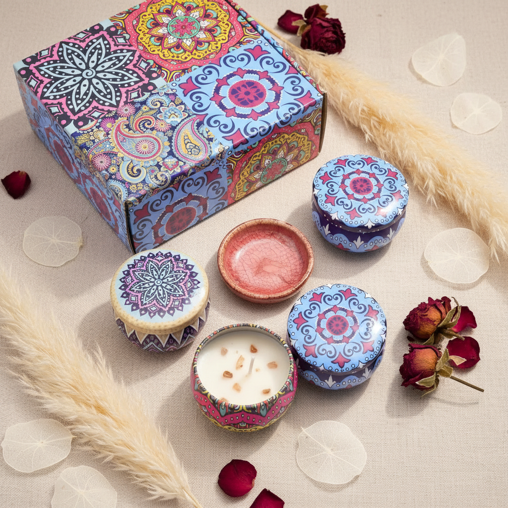 Set of 4 Scented Candles (4 scents), Stress Relief, Relaxation, Yoga, Holiday Gifts, Color Box Packaging