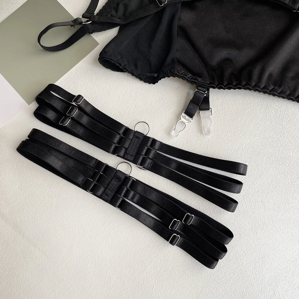 Ellolace Lingerie Satin Fin Dentelle Rouge 5Pièces