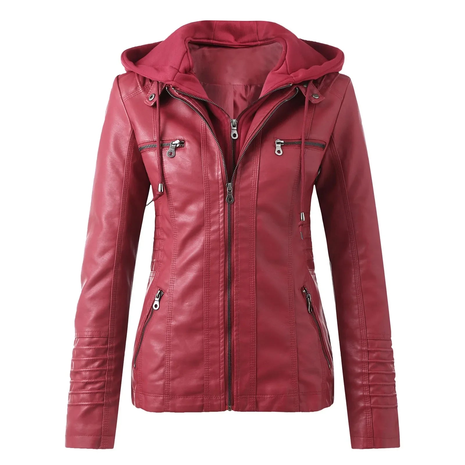 SITMCF Veste Moto Femme PU Cuir À Capuche Fermeture Éclair
