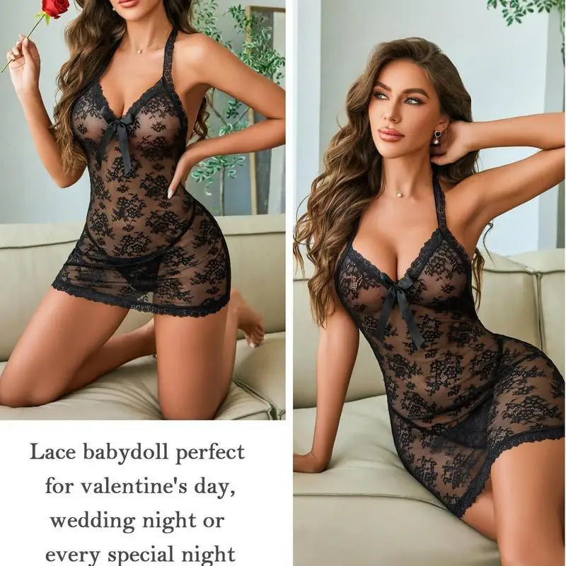 Chemise Lingerie Dentelle Noire Transparente Avec Perles Licou