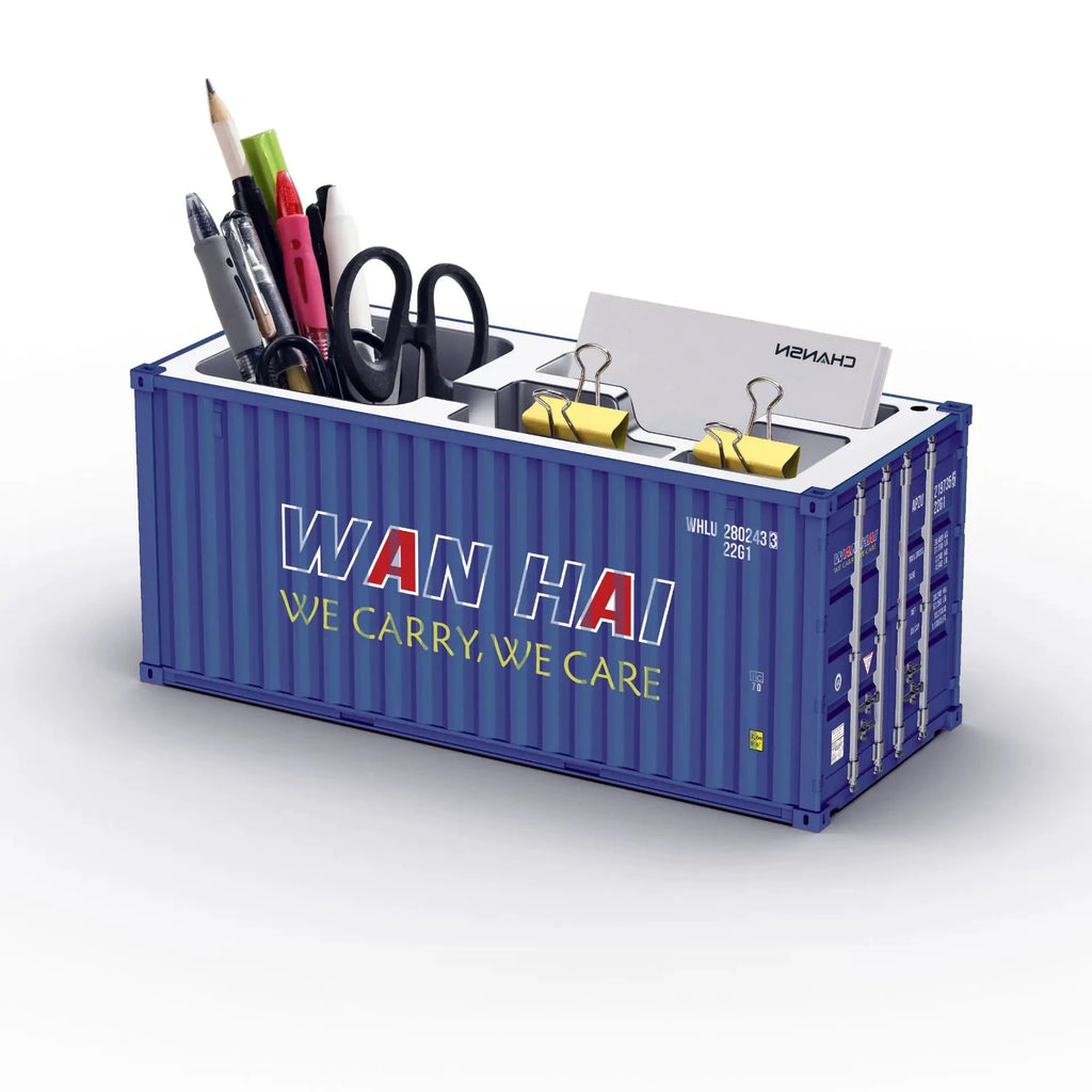 Porte-stylo en forme de conteneur maritime bleu, organisateur de bureau