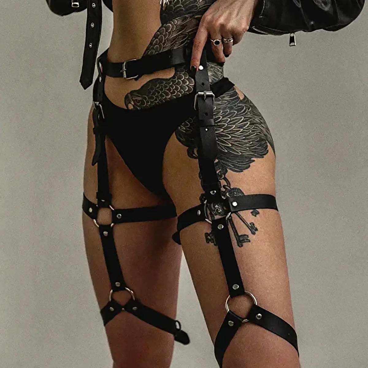 Harnais de jambe gothique en cuir synthétique noir, jarretelles, LSDLBoutique