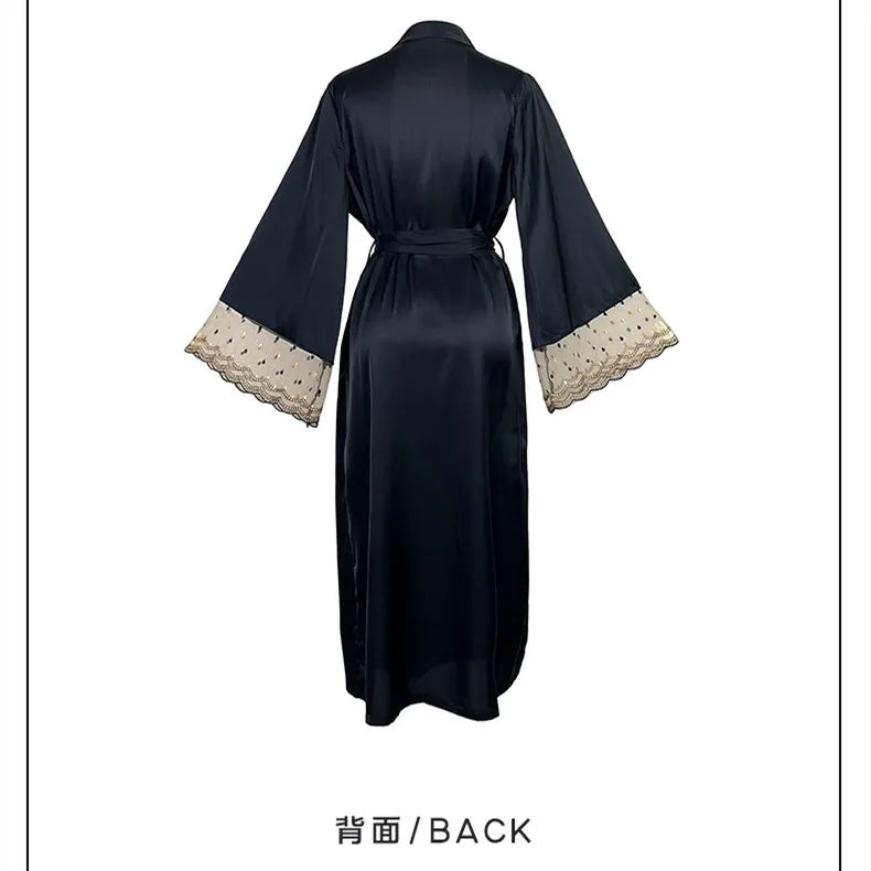 Niuniushow Robe de Nuit Satin Noir Col V Manches Longues Dentelle