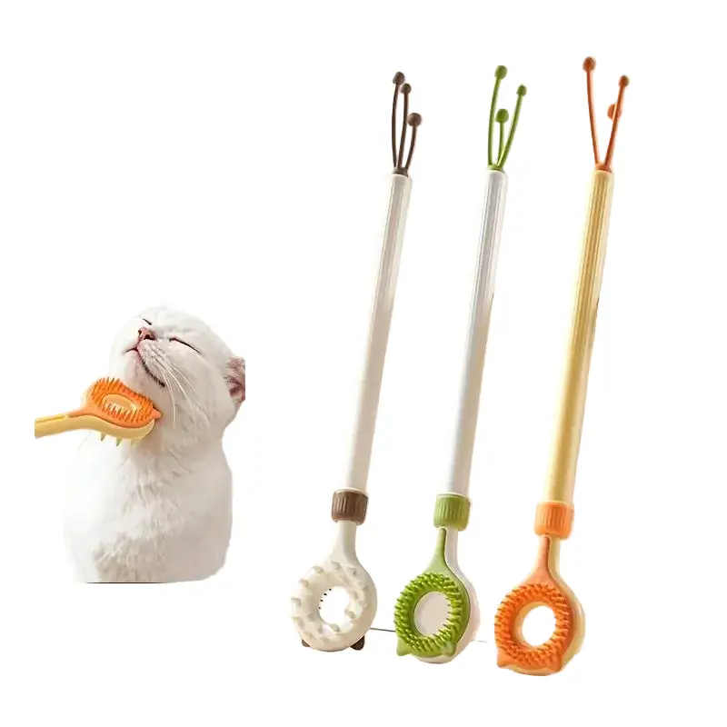 Grattoir rétractable et masseur double face pour chat – 2 en 1, set de 3 brosses avec têtes orange/vert/beige
