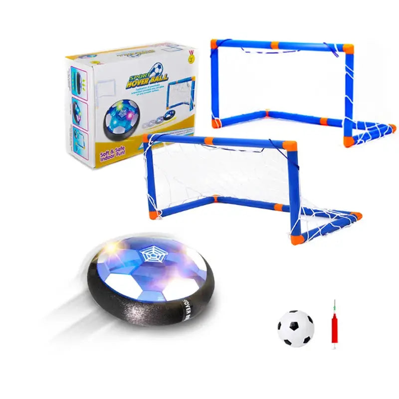 Ballon de football électrique rechargeable pour enfants, hoverball avec deux mini buts bleu et orange et boîte d'emballage