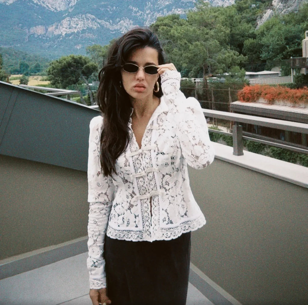 Tossy Chemise Dentelle Imprimée Transparente Écru Manches Longues