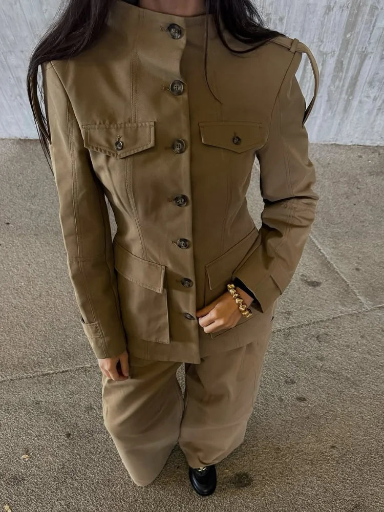 Nonen Veste Pilote Femme Polyester Marron Fermeture Éclair Revers Ample