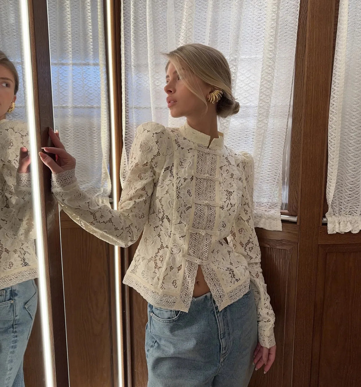 Tossy Chemise Dentelle Imprimée Transparente Écru Manches Longues