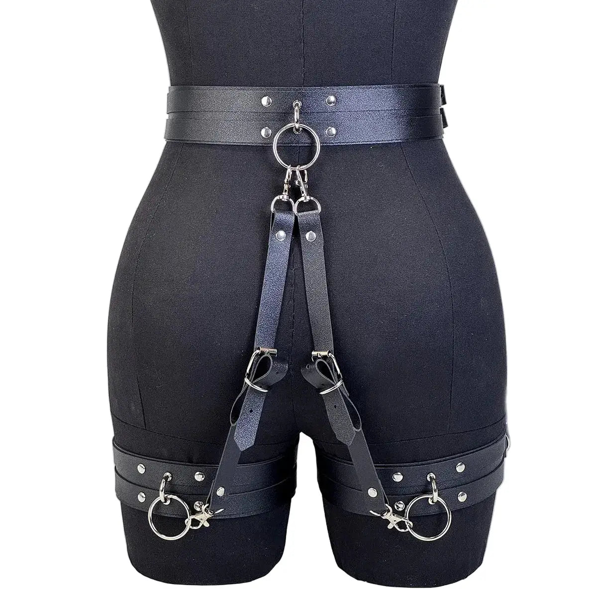 Ceinture jarretelles de cuisse en cuir synthétique, harnais gothique noir avec anneaux argentés (LSDLBoutique)