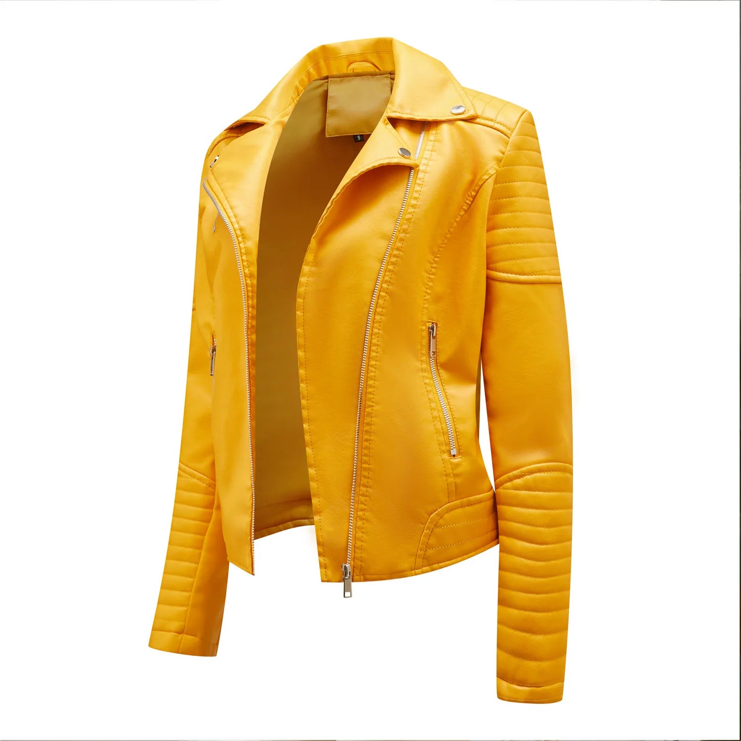 Qj Cinga Veste Motard En Cuir Jaune Zip Oblique Femme