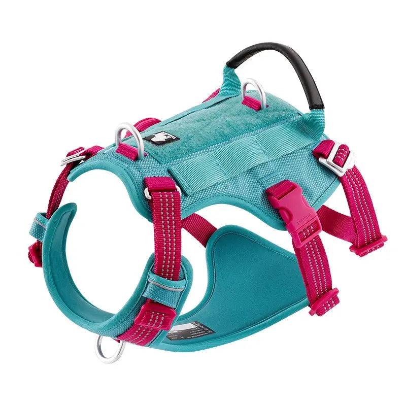 Harnais pour chien anti-évasion réfléchissant turquoise avec sangles roses et poignée noire