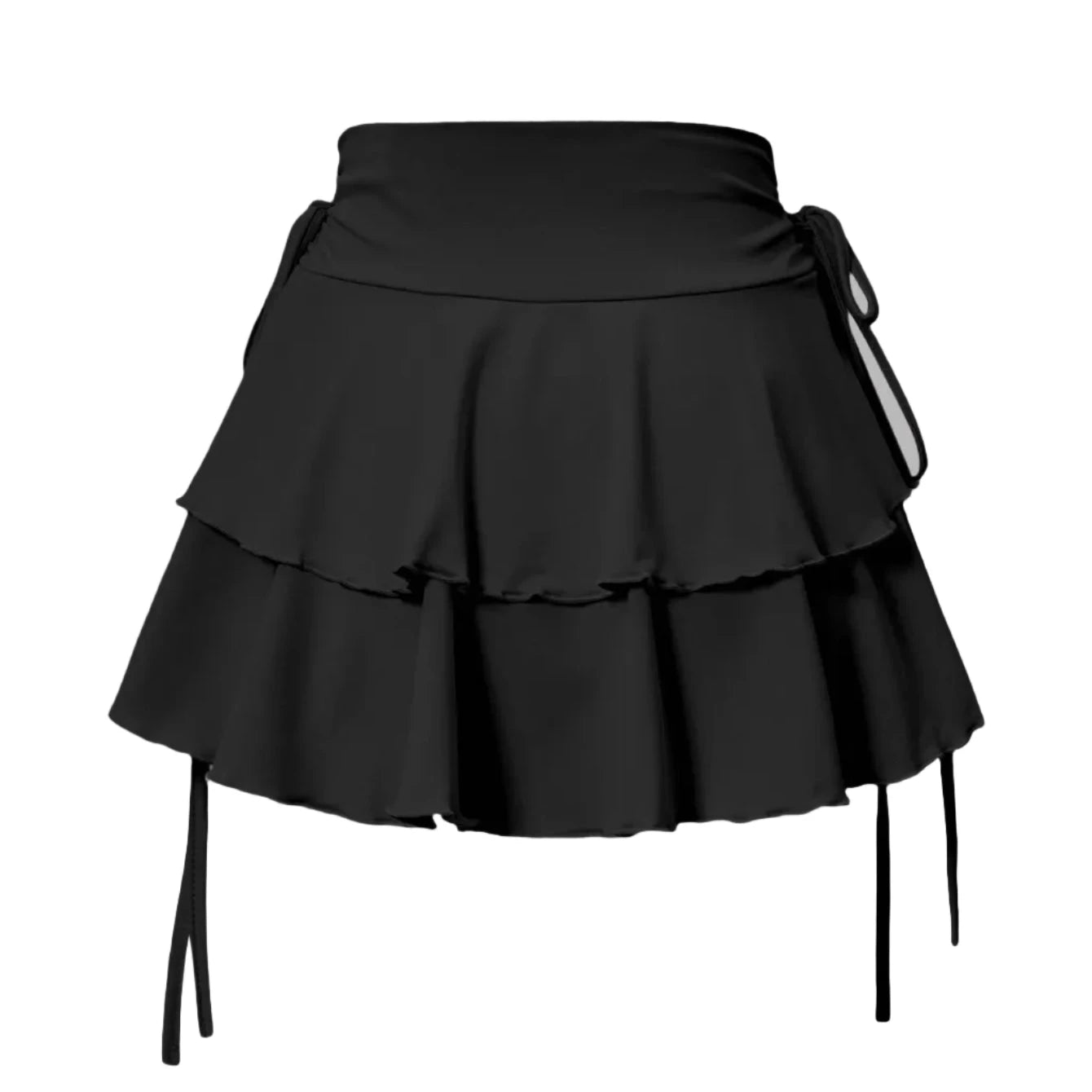 Jupe courte évasée à taille haute noire, volants en couches et liens latéraux