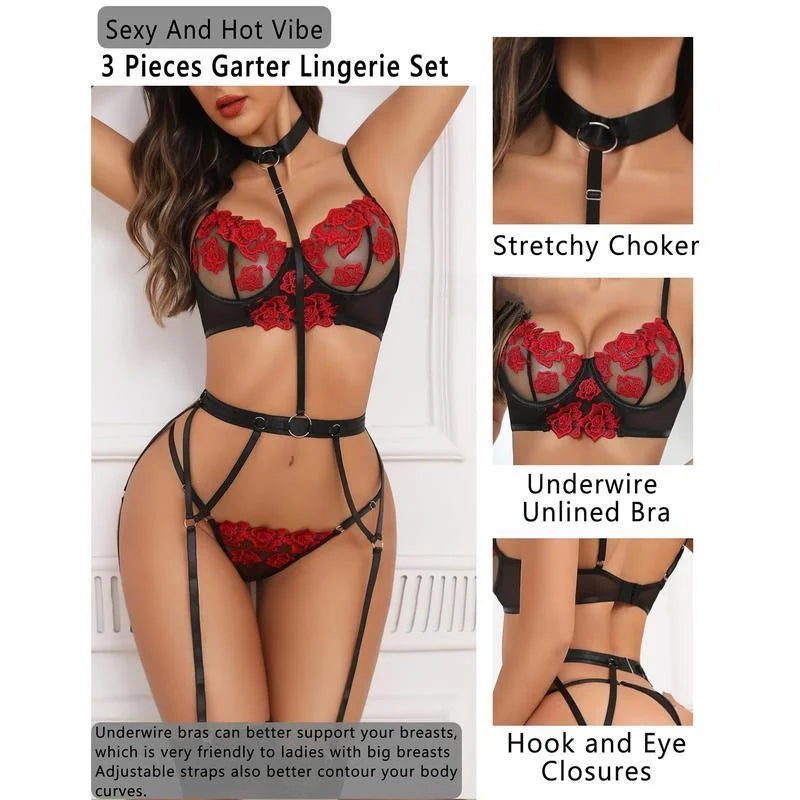 Les Secrets de Léa Ensemble Soutien-Gorge Amovible et Culotte Fleurie Rose