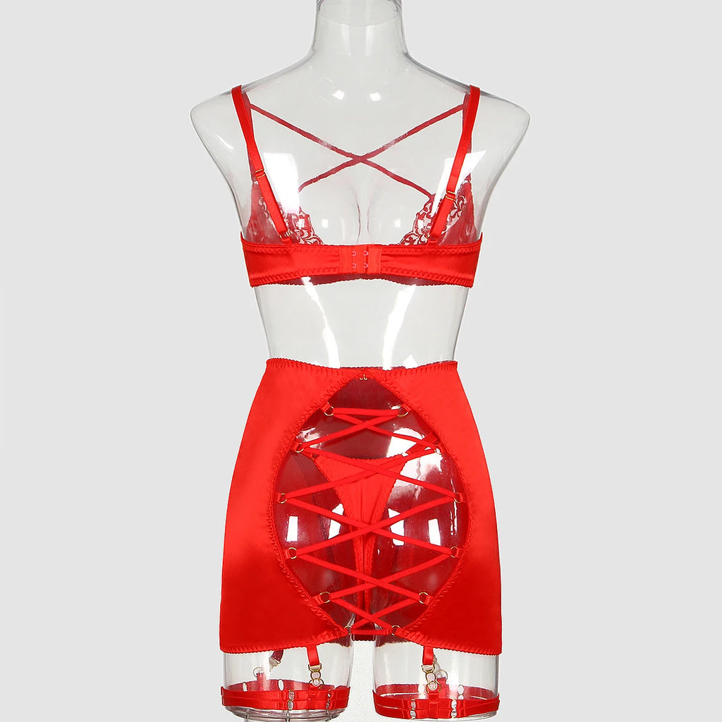 Ellolace Ensemble Lingerie Soutien Gorge Croisé Push Up Dentelle Rouge