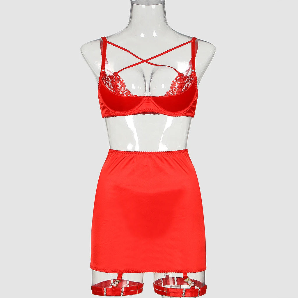 Ellolace Ensemble Lingerie Soutien Gorge Croisé Push Up Dentelle Rouge
