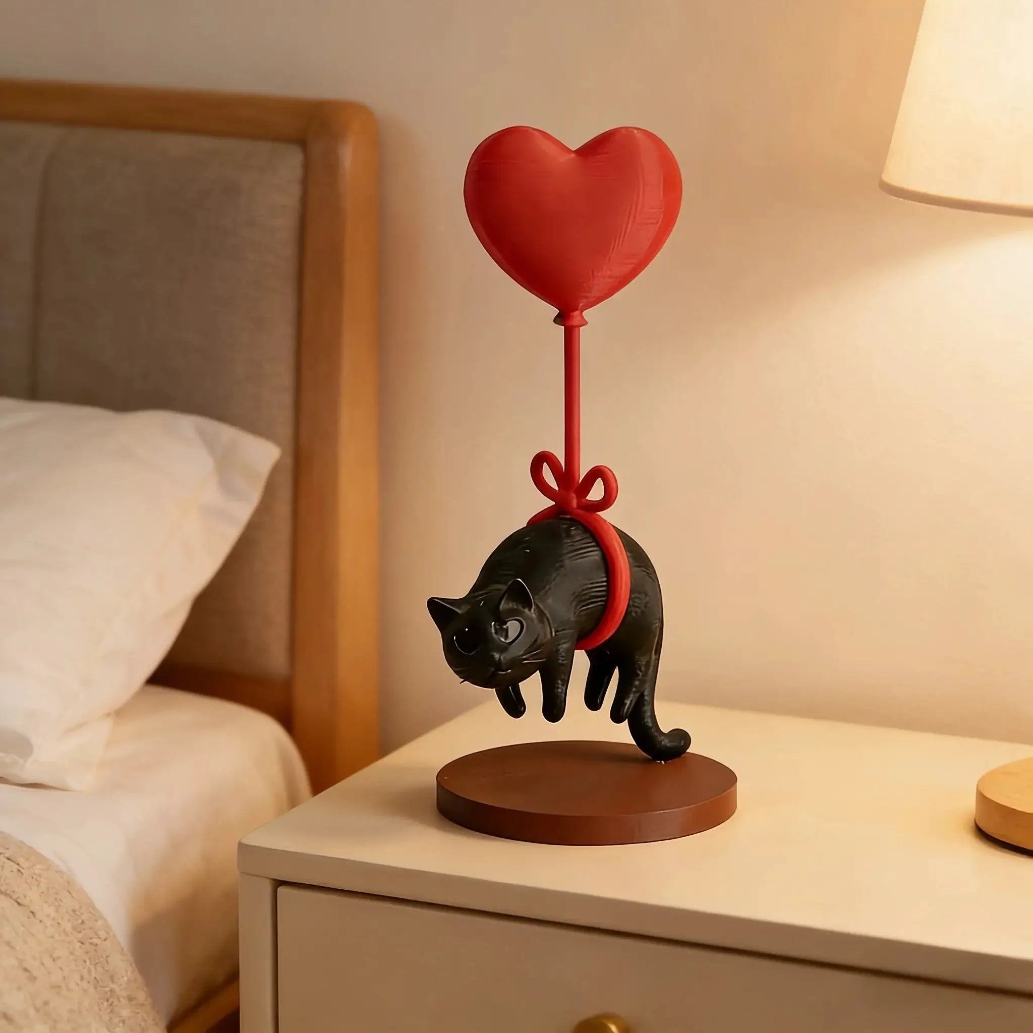 Figurine chat flottant décorative noir avec ballon cœur rouge sur socle brun