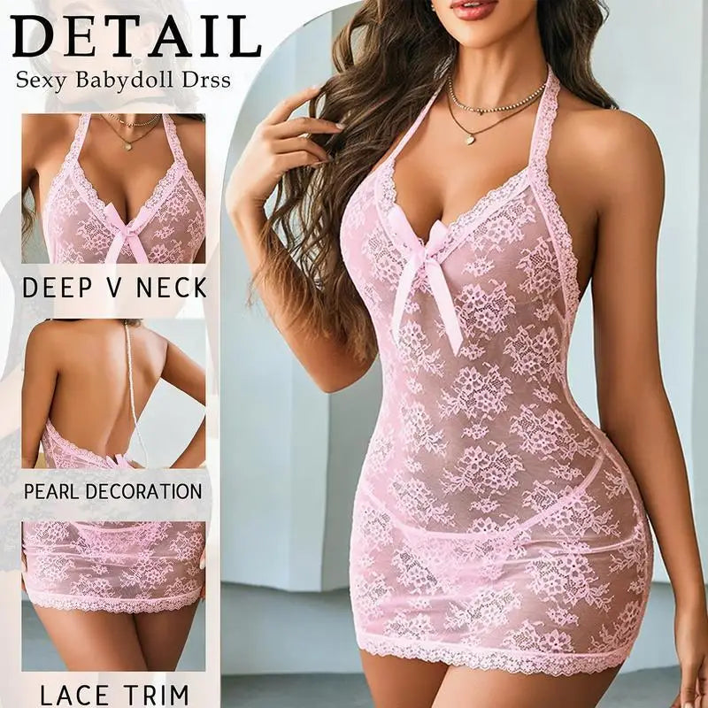 Chemise Lingerie Dentelle Noire Transparente Avec Perles Licou