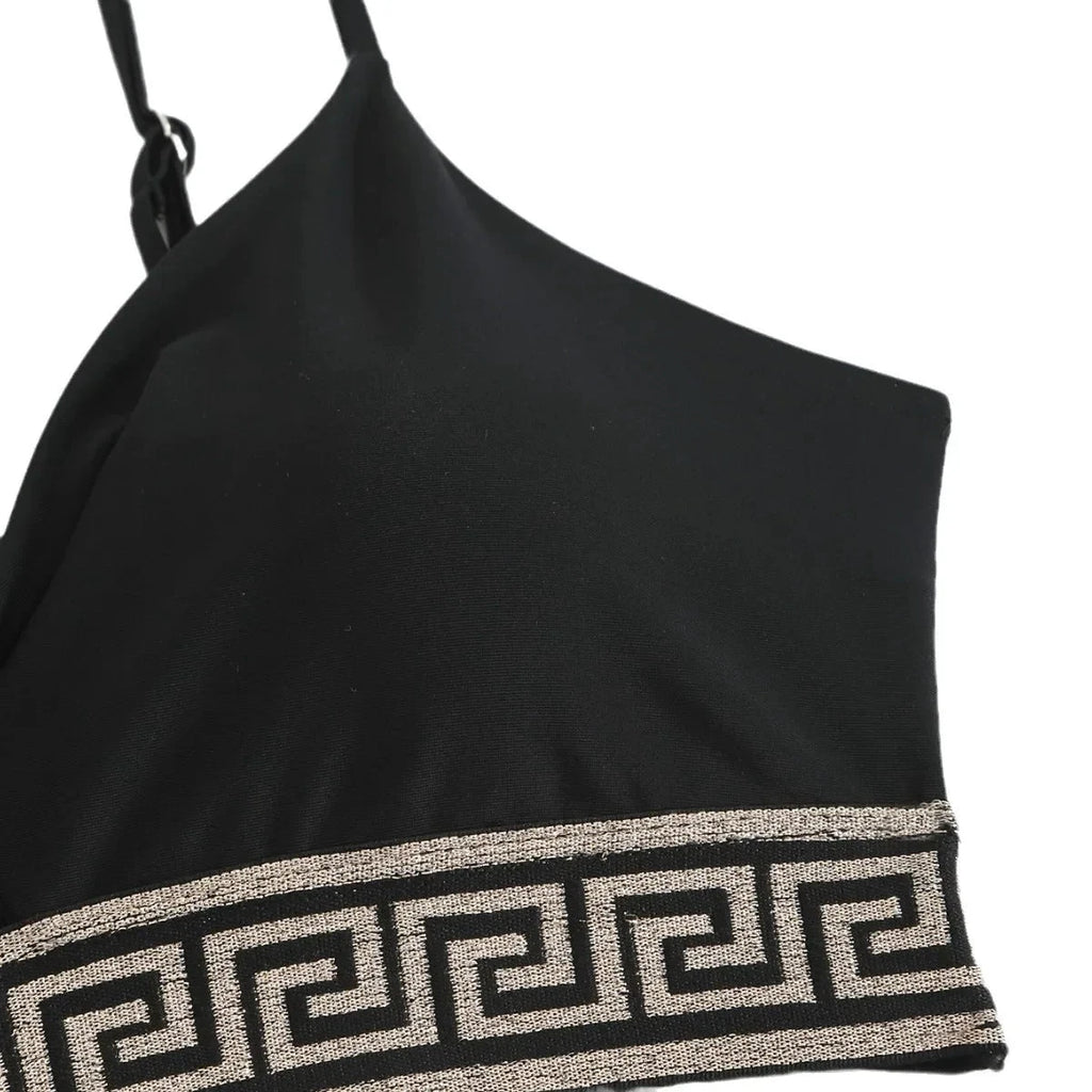 Bikini taille haute froncé – Éclésia, noir avec bande dorée à motif grec sur la bordure