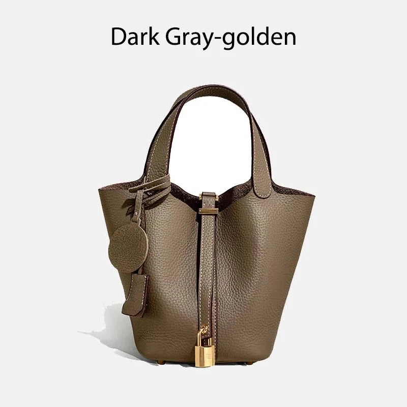 Sac à main seau en cuir véritable Mendy, couleur Dark Gray-golden, fermoir doré