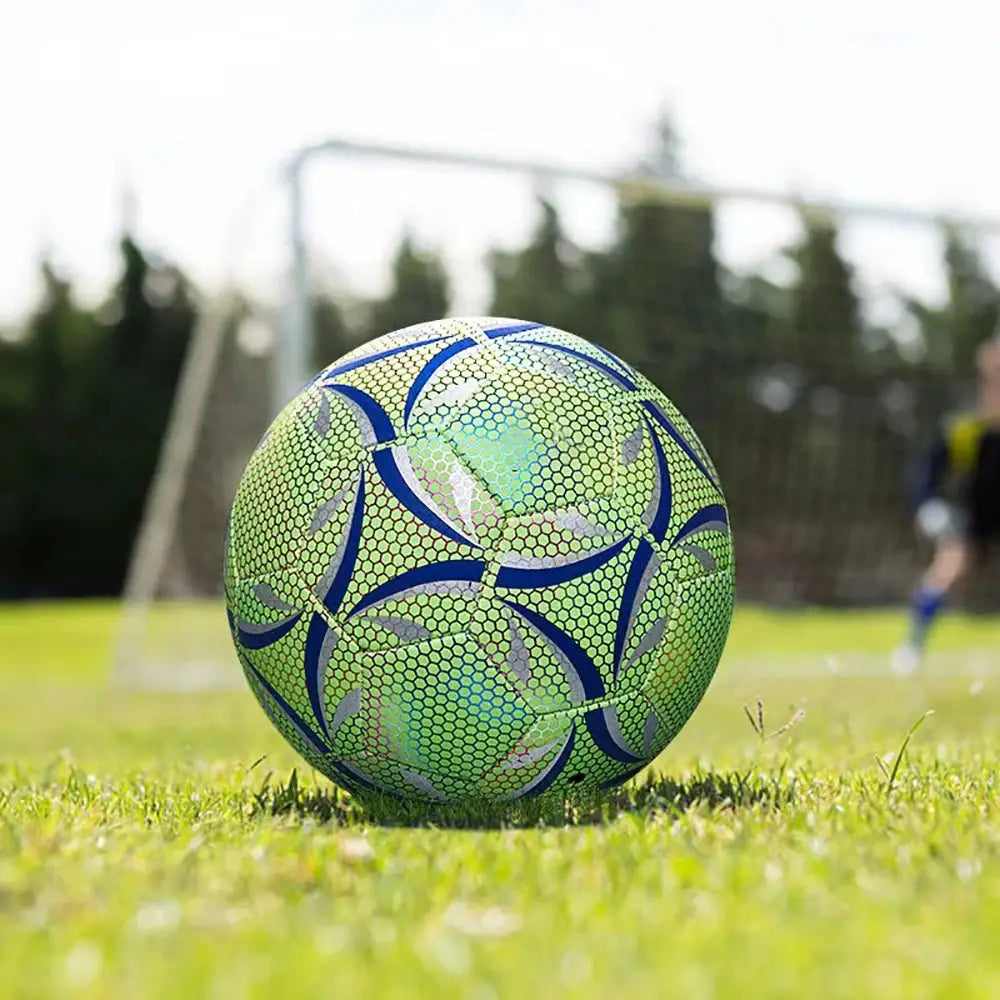 Ballon de football taille 5 brillant et durable, vert fluo avec motifs bleus et hexagones, LSDLBoutique