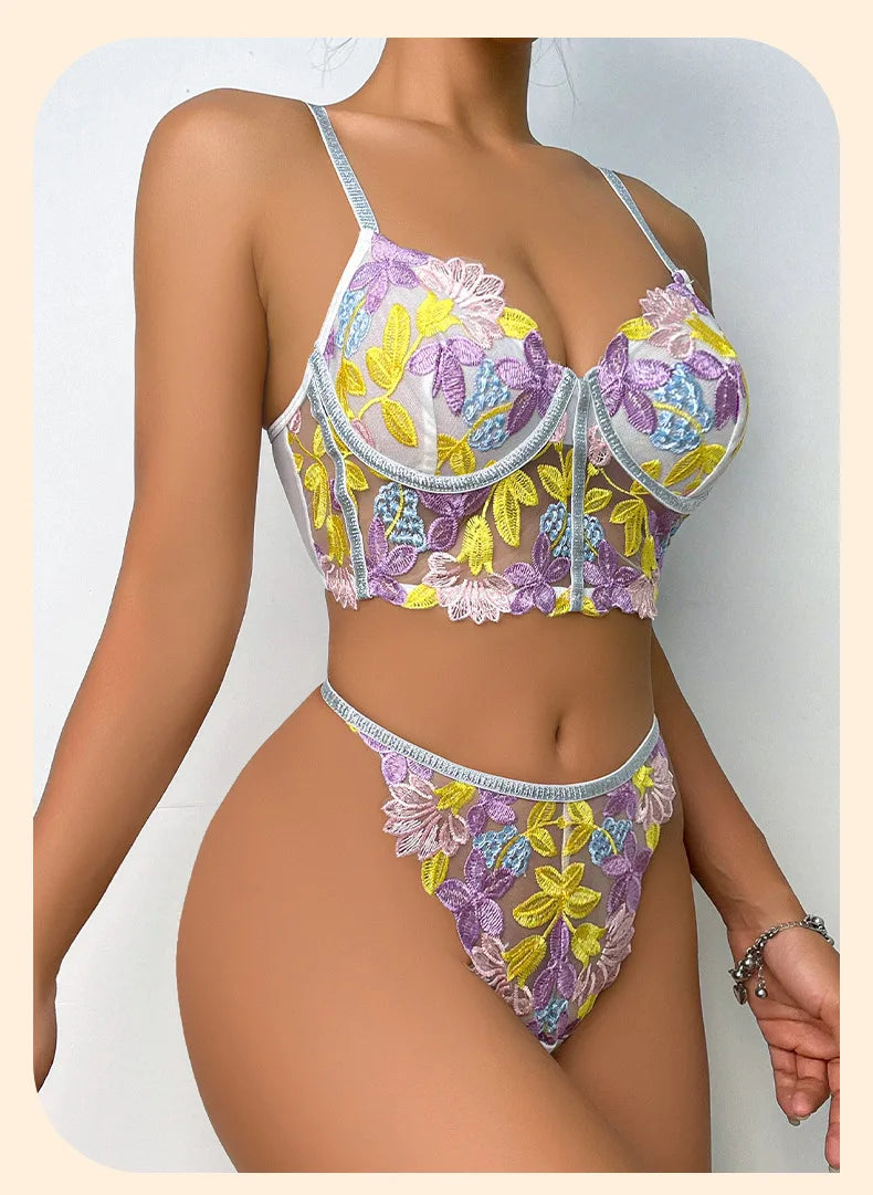 Les Secrets de Léa Ensemble Soutien-Gorge Transparent Maille Fleurie Dos Nu