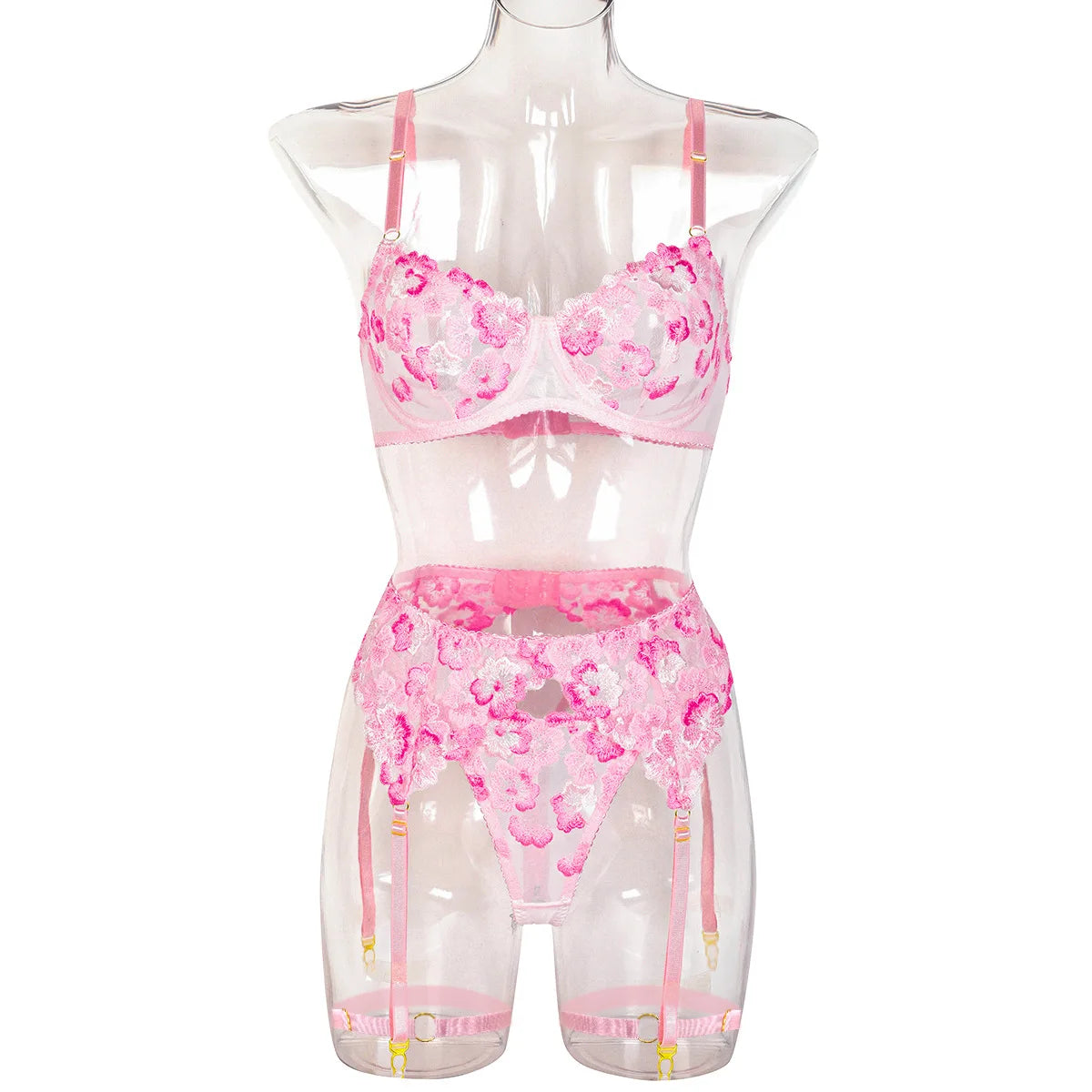 Floral Lace Lingerie Set — Bra, Thong & Garter Belt