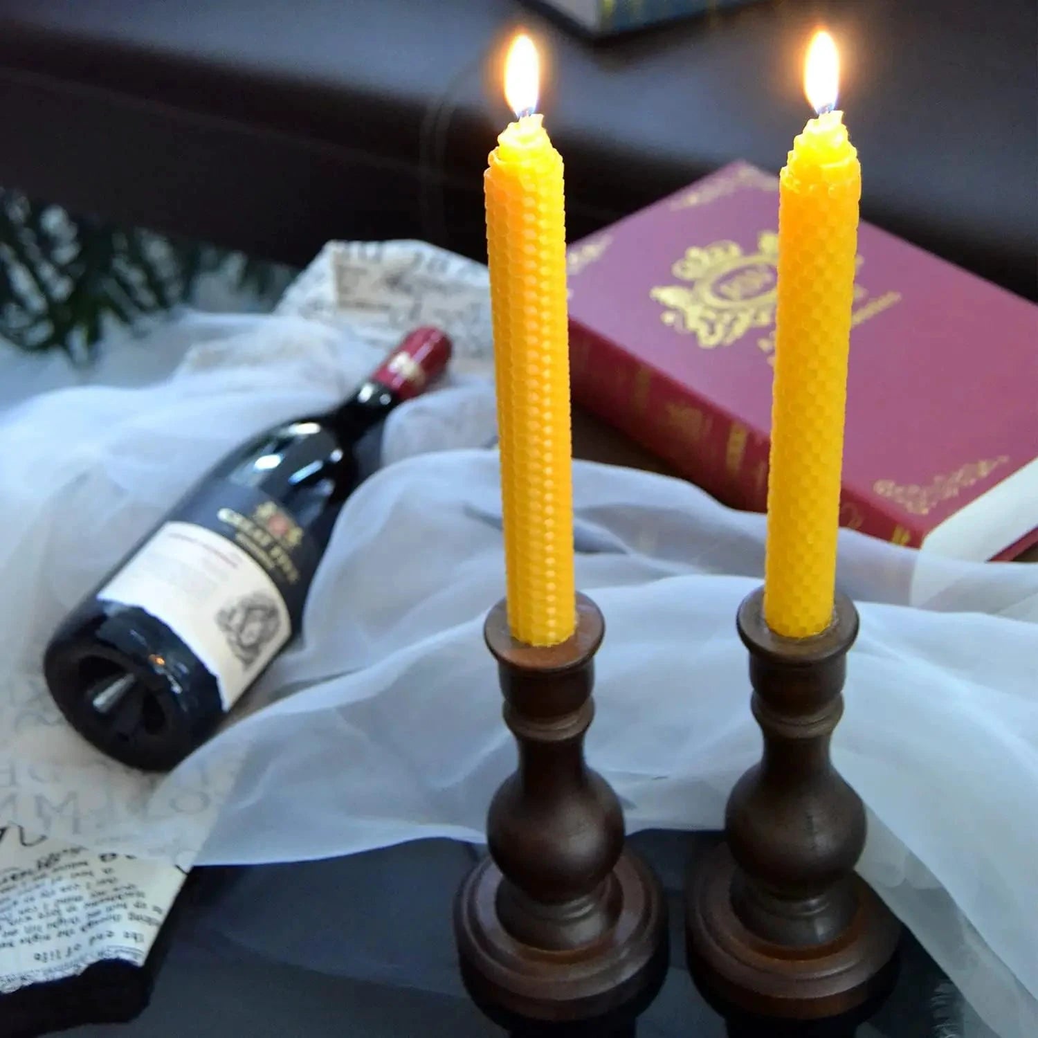 Bougies Coniques Cire d’Abeille Nid d’Abeille Beige Fait Main