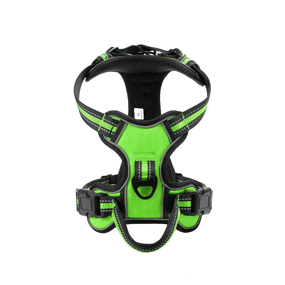 Harnais pour chien en nylon réglable, vert néon et noir, boucles latérales et sangles résistantes