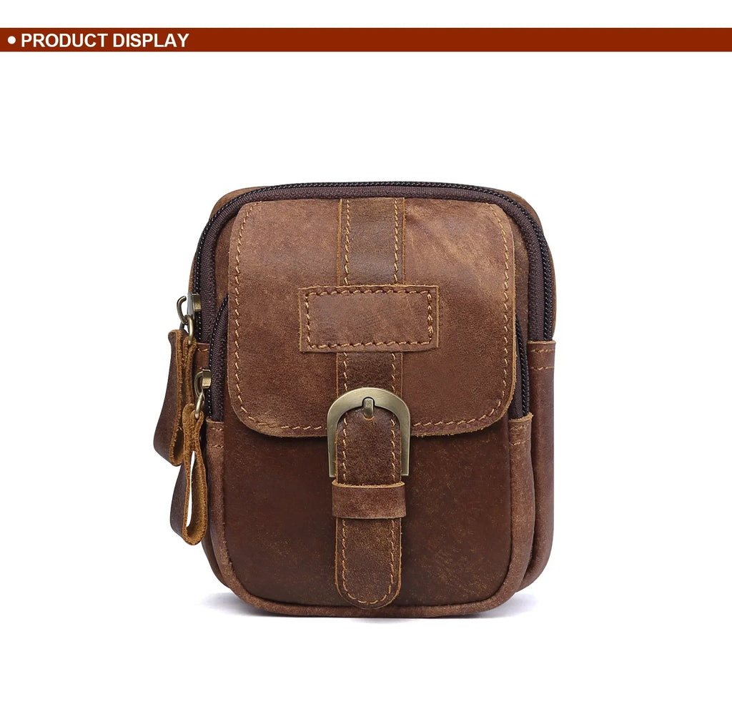 Sac de Taille en Cuir Brun avec Deux Compartiments et Fermeture Éclair