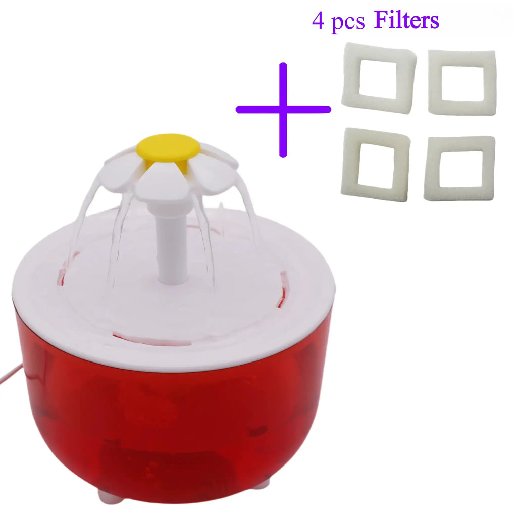Fontaine à eau pour chat, 1200 ml, réservoir rouge; tête blanche avec bouton jaune, 4 filtres inclus