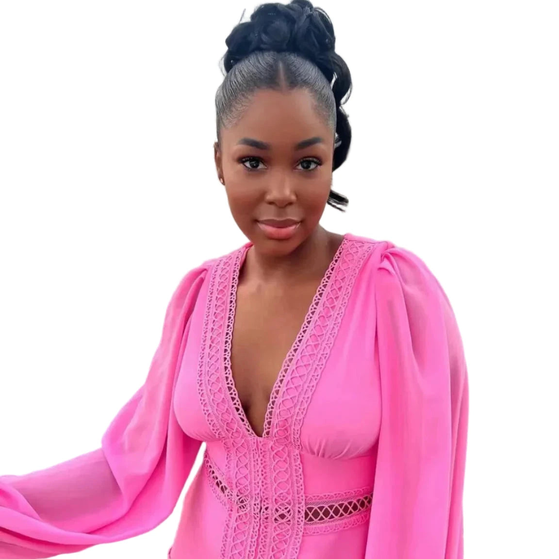 Robe longue ajourée col V taille empire manches lanternes