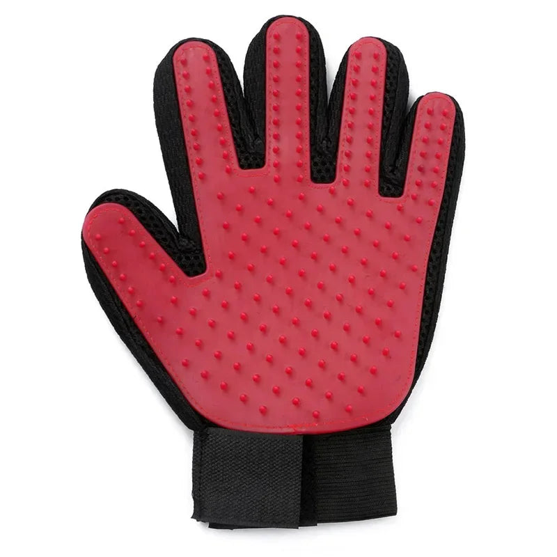 Gant de toilettage en silicone pour animaux – paume rose avec picots rouges et bracelet noir (LSDLBoutique)