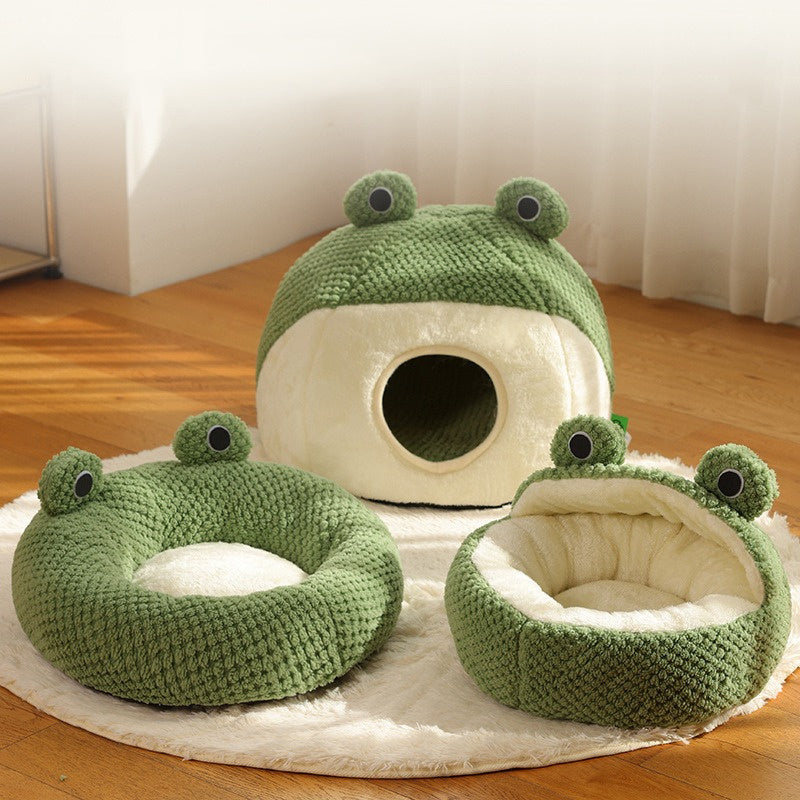 Nid Pour Animaux Grenouille Peluche Vert Semifermé