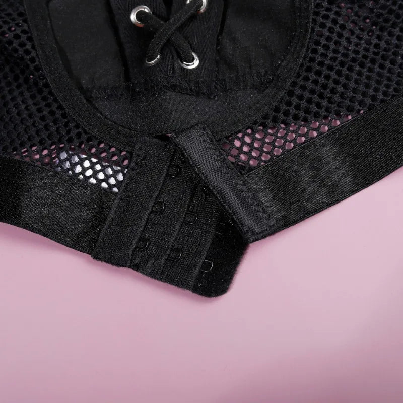 Tornova Lingerie Bustier Et Culotte Noire Patchwork PU Lacets Maille