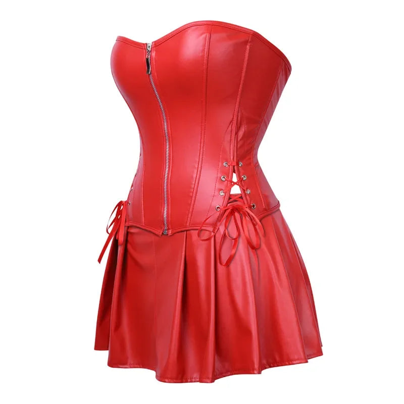 Corset Bustier and Mini Skirt Set with Lace-Up Detail – Black / Red