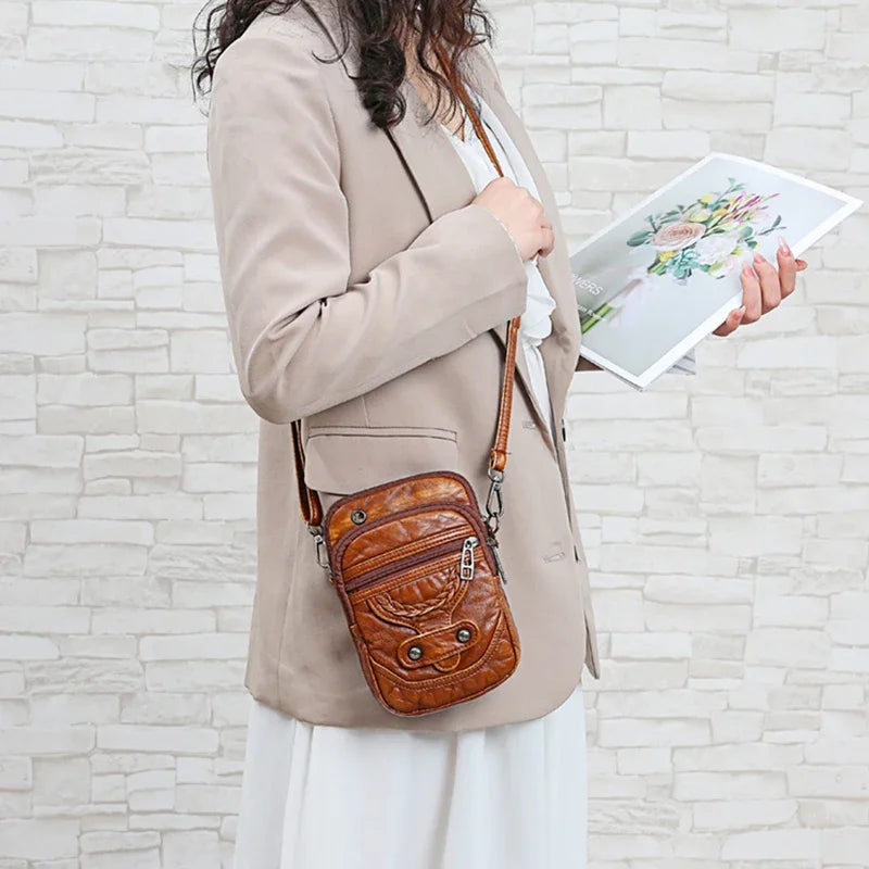 Sac Bandoulière Multifonctionnel Cuir PU Brun Vintage Pour Femmes