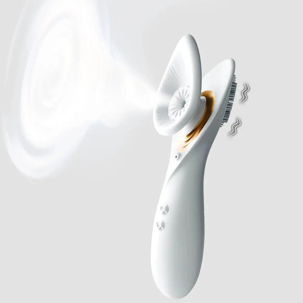 Vibromasseur à suction 2 en 1 blanc avec ventouse et embout souple orange, stimulation clitoris et mamelon