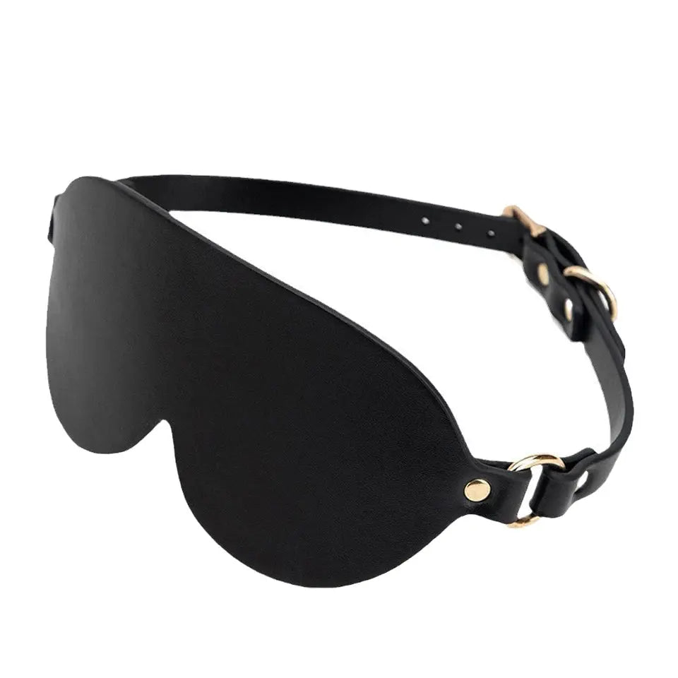 Masque pour les yeux en cuir synthétique noir avec sangle réglable et rivets dorés – LSDLBoutique Kit Sensoriel