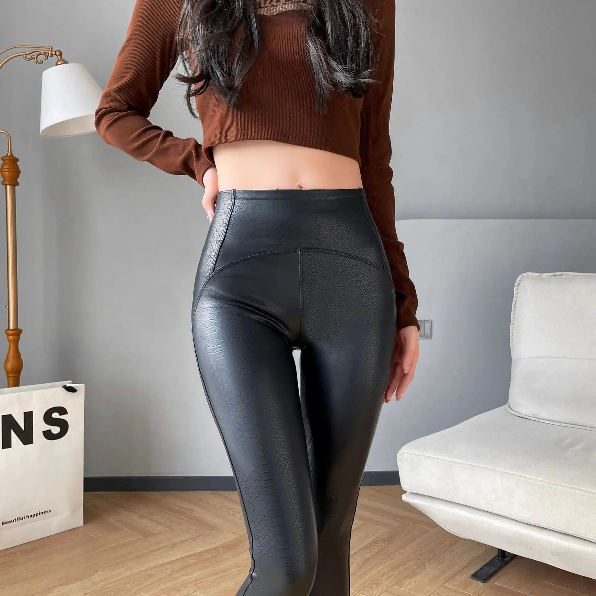 Leggings Cuir PU Noir Taille Haute Serpent