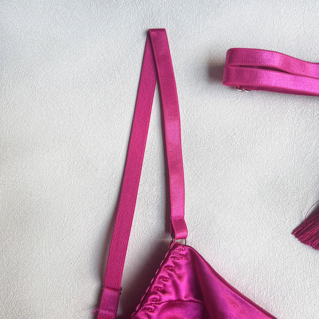 Ellolace Lingerie Satin Fin Dentelle Rouge 5Pièces