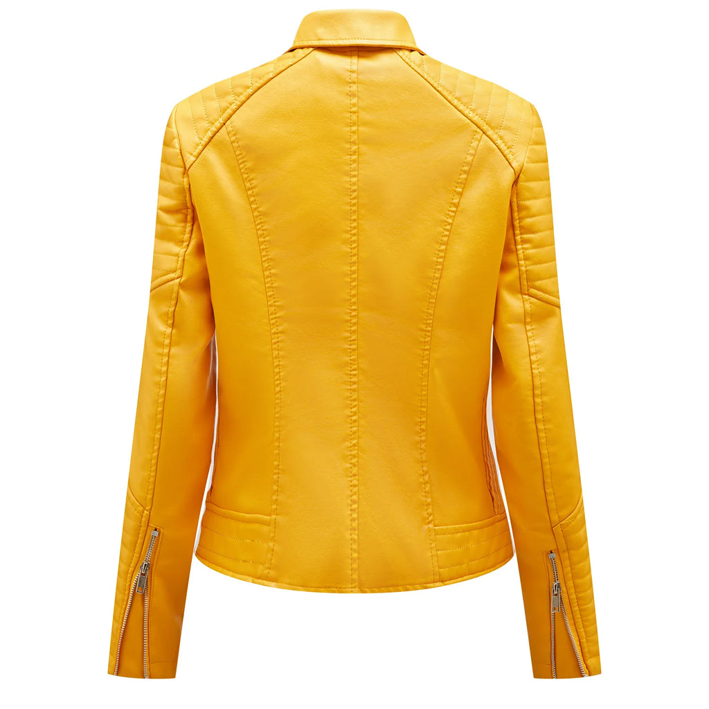 Qj Cinga Veste Motard En Cuir Jaune Zip Oblique Femme