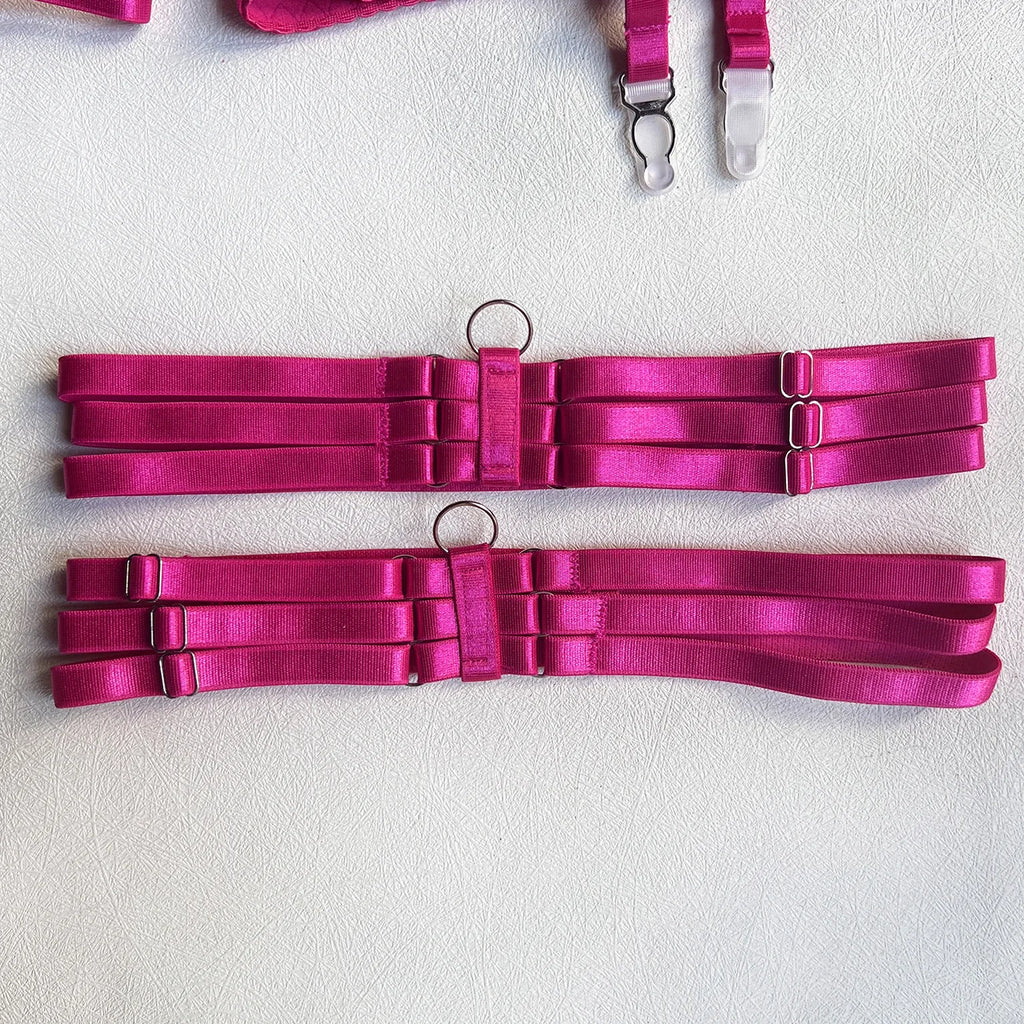 Ellolace Lingerie Satin Fin Dentelle Rouge 5Pièces